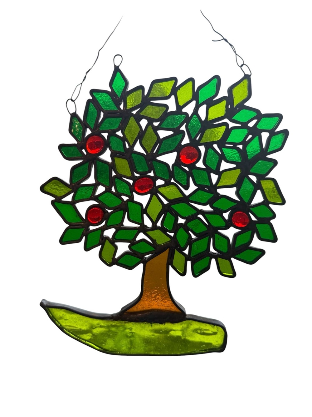 Green Stained Glass Tree Suncatcher with Red Accents